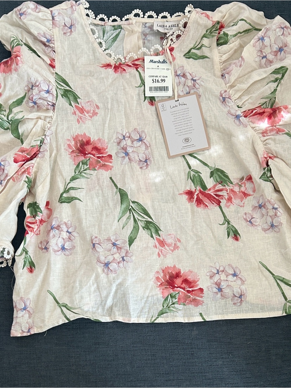 Laura Ashley Cream Floral Puff-Sleeve Blouse with Pink & Lavender Blooms